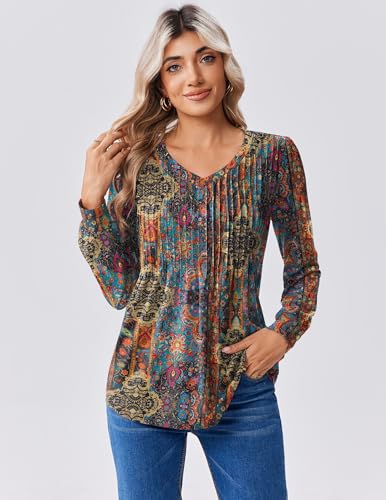 Zeagoo Long Sleeve Shirts for Women Casual V Neck Top Pleated Floral Boho Blouses 2025 Fall Tunics4