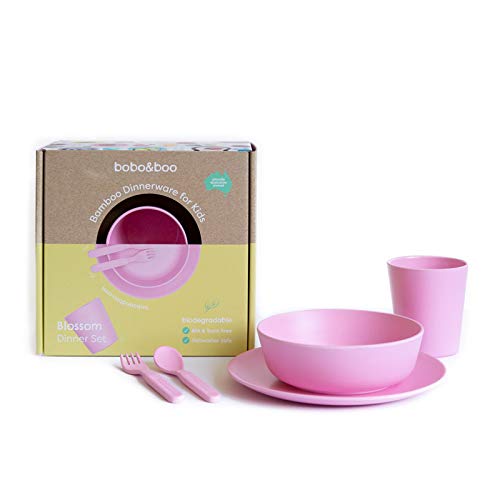 Bobo&Boo Bamboo 5 Piece Children’s Dinnerware, Blossom Pink, Non Toxic & Eco Friendly