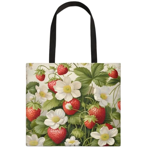 Mularoka Strawberry Flower Leaf Watercolour Square Canvas Tote Bag Top Handle Purses Stylish Women Canvas Shoulder Tote Bags Reusable Handbags for Work Travel Picnic Beach Shopping Gym Hiking