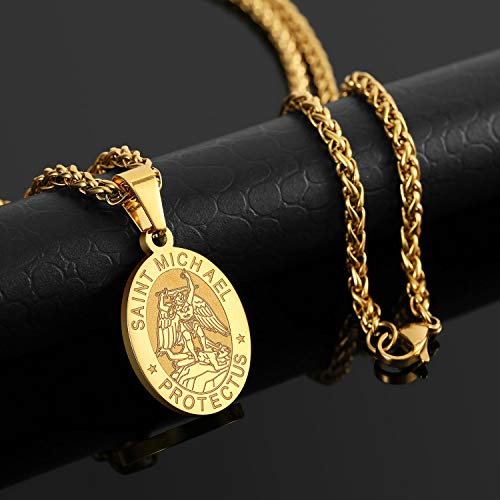 P. BLAKE Oval Saint Christopher/Michael/Joseph/Jude/Virgin Mary/Joseph/Francis/Patrick/Anthony/Benedict/Thomas Necklace for Men Women, Stainless Steel Catholic Patron Pendant with Chain 24 Inches