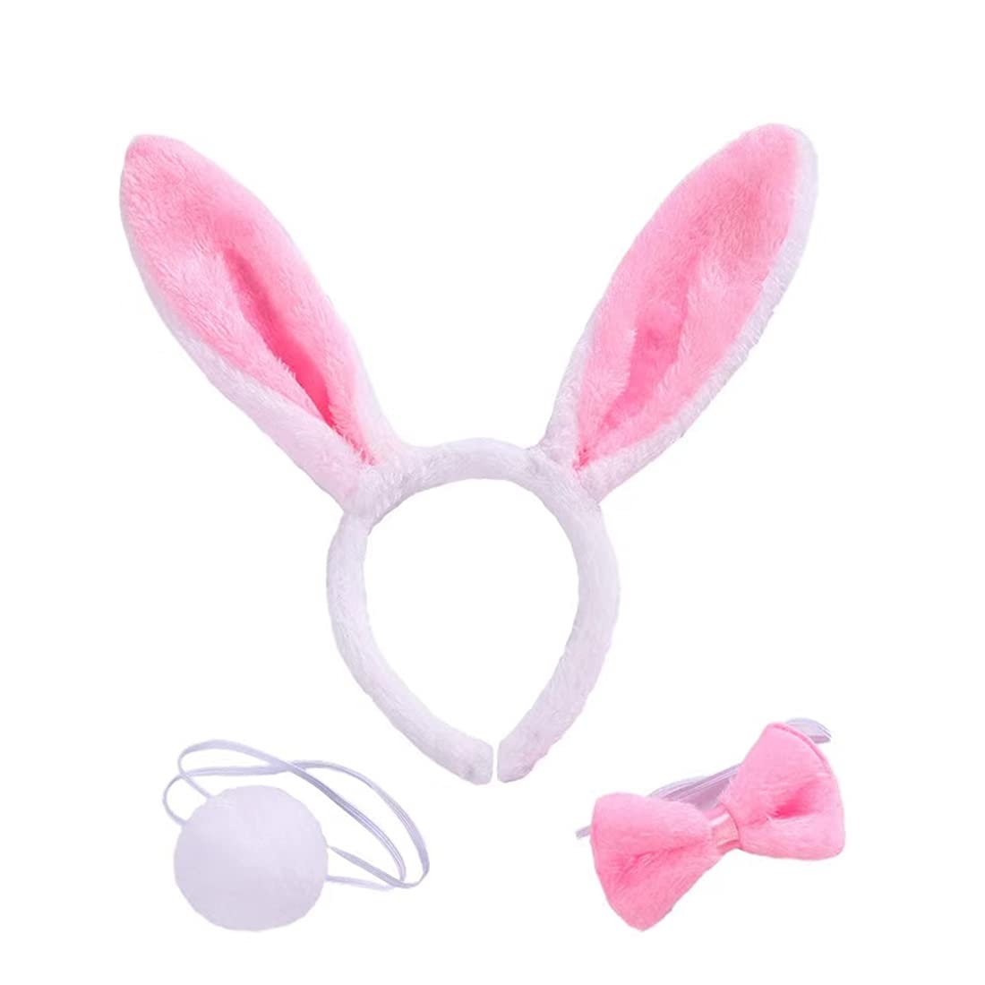 DzrigeBunny Rabbit Costume Set,Plush Rabbit Ears Headband Bow Tie Tail Kit for Halloween Easter Birthday Party Dress Up Cosplay Accessories (Pink)