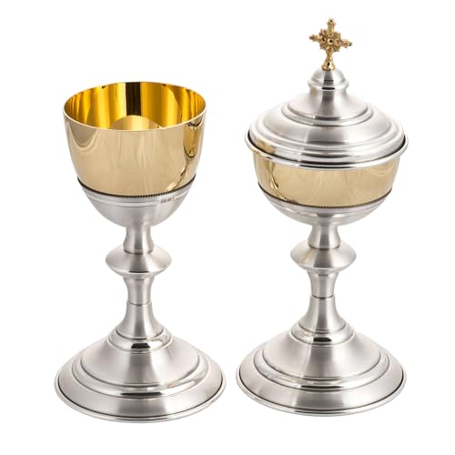 Holyart Chalice and Ciborium in Silver Brass, with Gold Plated Cup, CiboriumChalice Height: 19 cm|Ciborium Diameter: 10 cm|Ciborium Height: 25.5 cm|Chalice Cup Diameter: 9 cm