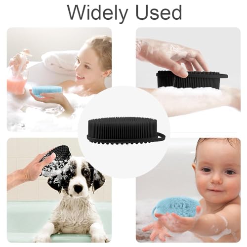 Silicone Body Scrubber, Exfoliating Silicone Body Shower, Silicone Loofah 2 in 1 Bath and Shampoo Brush, Body Scrubber Shower Cleaning Exfoliating for Sensitive Skin, Lather Well 2 PCS Black and Blue