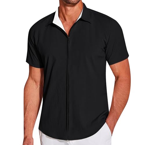 Chemise de plage décontractée d'été à manches courtes avec fermeture éclair pour homme, texture légère, élastique, plissée, bleu clair, Noir , L