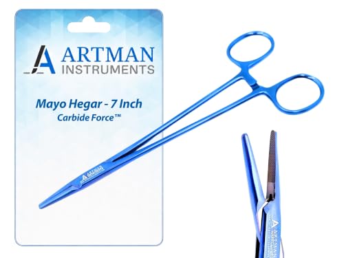 ARTMAN INSTRUMENTS Mayo Hegar Needle Holder 7" – Surgical Needle Driver Clamp Forceps with Blue Plasma Coating &amp; Tungsten Carbide Inserts for Precision Suturing