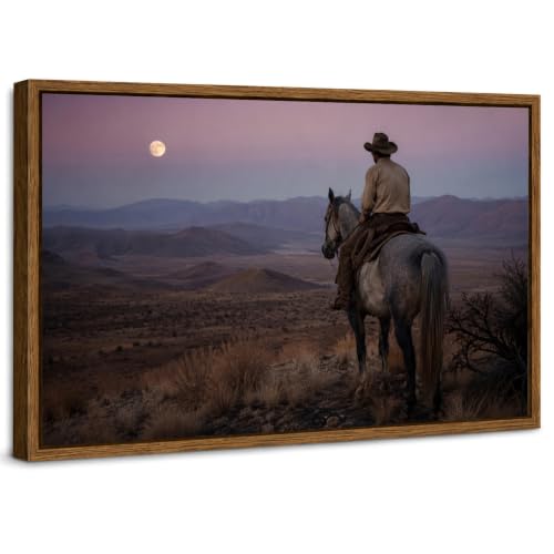 Image of Cowboy Wall Art Western Wall Decor Rustic Cowboy on Horse Canvas Pictures Western Moon Night View Landscape Photo Prints Modern Farmhouse Western Artwork for Living Room Bedroom Home Office 24x36 inch