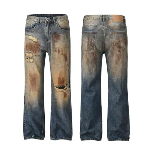 Jeans Pants Trousers Denim Street Trendy Spray Personalized Dirty Hole Retro Straight Leg for Men4