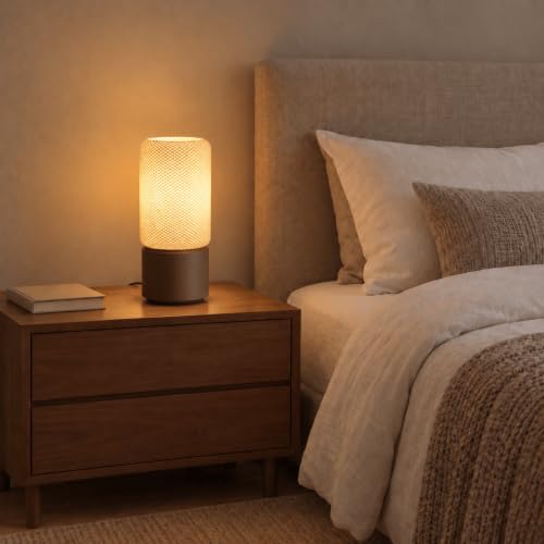 Image of Round Table Lamp | Table Lamp for Bedroom, Living Room and Study Room | Modern LED Bedside Table Lamp for Home Decor | Off-White and Dark Brown | 29.5 x 13 x 13 cm (Without Bulb)