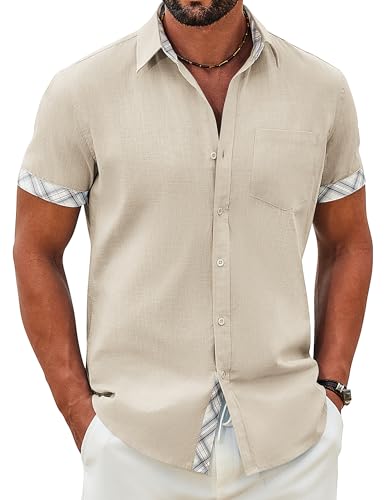 COOFANDY Hemd Herren Kurzarm Freizeithemd Baumwolle Kurzarmhemd Leicht Sommerhemd Casual Strand Hemden für Herren Kahki XL