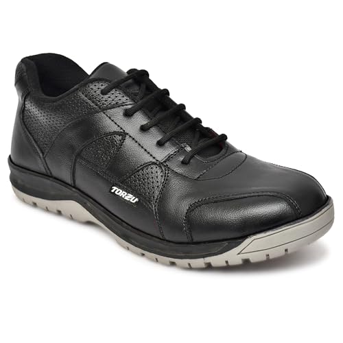 Image of Safety Shoes, Black Leather with Perforated Design, Anti-Slip Work Footwear