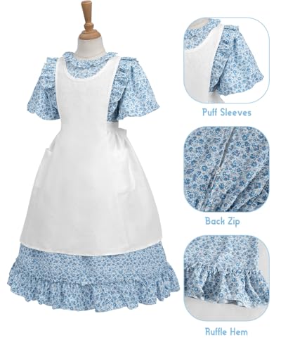 Vestido colonial floral para niñas con delantal y sombrero miniatura 5