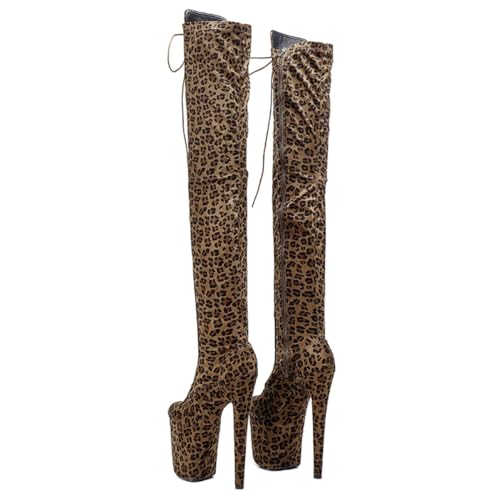 WUXIN H&P Women's Over The Knee Exotic Heels Boots Platform Zip Lace Up Sexy Leopard Print Fashion Party Round Toe Stiletto 8 inch Pole Dance Thigh High Heel4
