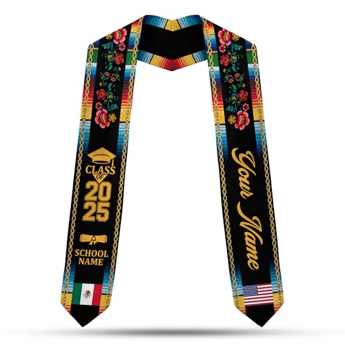 MonkeyVan Custom Mexican Graduation Sash Mexico Graduation Stole 2025 Mexican American Flag Graduation Sash Mexican Graduation M29
