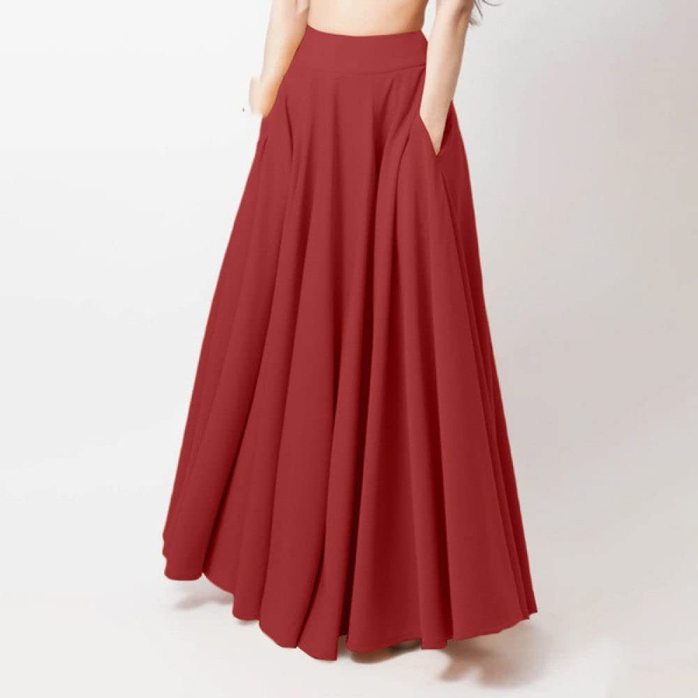 Gonne,Gonna Lunga da Donna Gonna A Pieghe A Vita Alta Rosso Bordeaux con Tasche Altalena A-Line Increspato Plus Size Semplice Casual Gonne Lunghe per Ragazze Signore,S