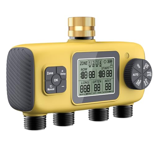 Programador Riego,con 4 Salidas Controladas Independientemente,Temporizador Riego Automatico,Resistente al Agua IPX5,Utilizar Programador de Riego a Pilas,para Césped,Jardín,Piscina