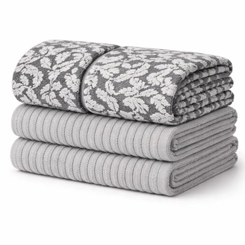 Image of Kitchen Towels, Cotton Hand Towels, Grey and White Vine Ribbed Hand Drying Cloth Set of 4 Absorbent Hand Towels, 18 x 28 Kitchen Linens