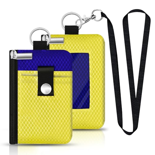 Image of Minimalist RFID Blocking Small Wallet with ID Window,WaterResistant Zip Id Case Wallet with Lanyard Keychain for Cards,Cash,Travel,Women,Men (Lemon Yellow /Sapphire Blue)