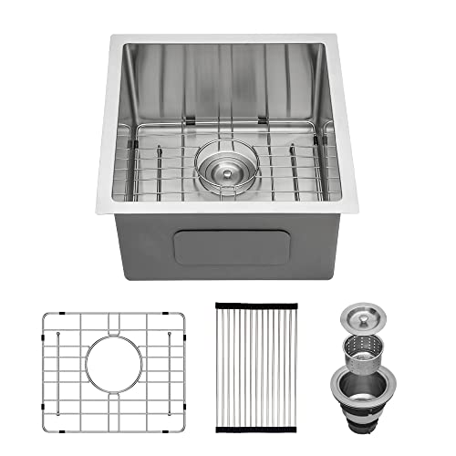 Lordear Undermount Bar Sink 17 Inch Deep Single Bowl 16 Gauge Stainless Steel Under Counter Square Kitchen Bar Prep RV Camper Outdoor Handmade Sink Basin