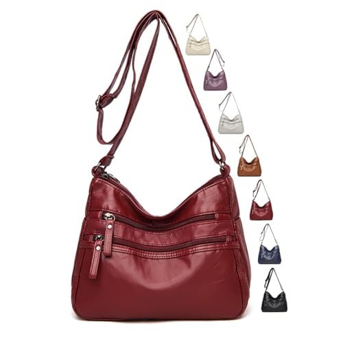 Bolsas transversais femininas - bolsas de ombro com vários bolsos de couro macio com alça de ombro ajustável, Vinho tinto, Bolsas transversais femininas para viagens de lazer
