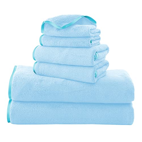 TENSTARS Luxury Silk Hemming Towel Set - Light Thin Quick Drying - 2 Bath Towels 2 Hand Towels 2 Washcloths - Ultra Soft Microfiber Towel for Bath Fitness, Sports, Yoga, Travel (Aquamarine 6 Pieces)