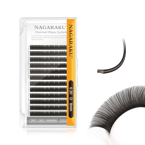 NAGARAKU Pestañas Elípticas Planas con Punta Doble Pelo a Pelo Pestañas Postizas Profesionales Naturales Lash Individuales Divididas Punta Volumen Más Suave Y Ligero Charcoal 12 Filas(0.20 D 8mm)