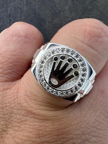 Rolex Crown Ring for Men – Solid 925 Sterling Silver – Iced Out with 0.3ct CZ Stones – Hip Hop Statement Ring – Luxury Jewelry Inspired by Rollie Watch Style – 15mm Face – Heavy 8-9g Ring3