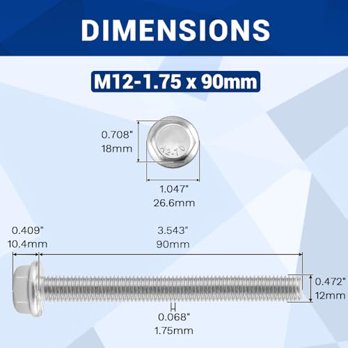 Image of M12-1.75 x 90mm Serrated Flange Hex Bolts + Flange Nut + Flat Washer + Lock Washer Combo Pack, 304 Stainless Steel 18-8, for Automotive & Machinery, 4 Sets