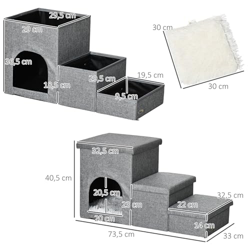 PawHut Hundetreppe 3 Stufen 40,5 cm Hoch Haustiertreppe mit Höhle Kissen Stauraum Katzentreppe für Kleine Hunde Hunderampe mit Waschbar Bezug Einstiegshilfe für Bett, Sofa, Couch und Auto Hellgrau