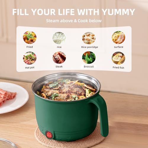 Image of Electric Cooking Pot with Steamer 1.5L | Multi-Function Mini Cooker | Non-Stick Inner | Travel Friendly Kitchen Appliance (Green, Without Steamer)
