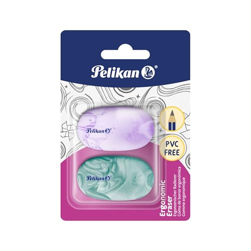 Pelikan Ergonomische Radiergummi 2er Set PVC-frei & staubfrei weicher Thermoplastischer Gummi für Graphitstifte Marmoreffekt in 4 Farben (Blau Grün Lila Orange)
