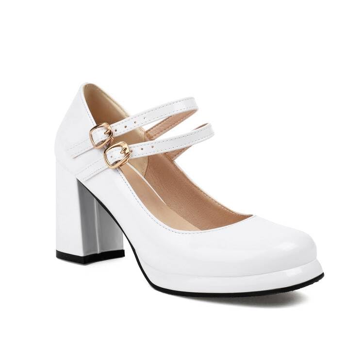 Women Platform Mary Jane Pumps Glossy Patent Square Toe Chunky High Heels with Double Belt Buckles