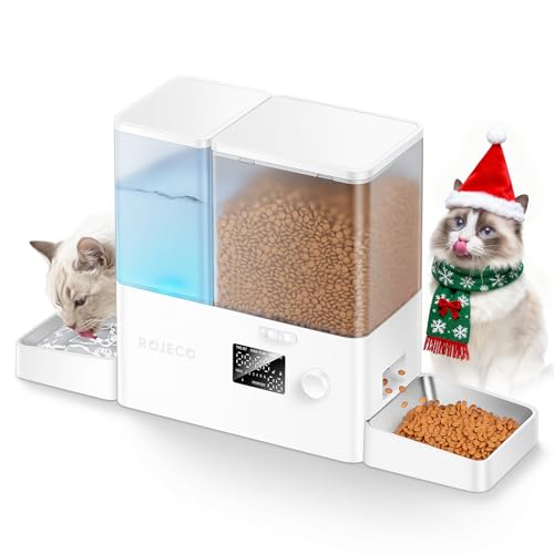 Rojeco 36Cups/8.5L Pet Automatic Cat Feeder and Gravity Water Dispenser,Stainless Steel Bowls 2-in-1 Set Large Capacity 5L Food Feeder and 3.5L Water Fountain for Cats,Pets,Small Dogs,Puppies,Kittens