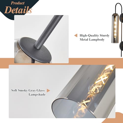 Image of BOKT Modern Black Long Wall Sconce 1-Light Smoke Glass Indoor Bathroom Wall Light Mid Century Minimalist Wall Sconce Industrial Bedroom Bar Wall Lamp (Smoke Gray)