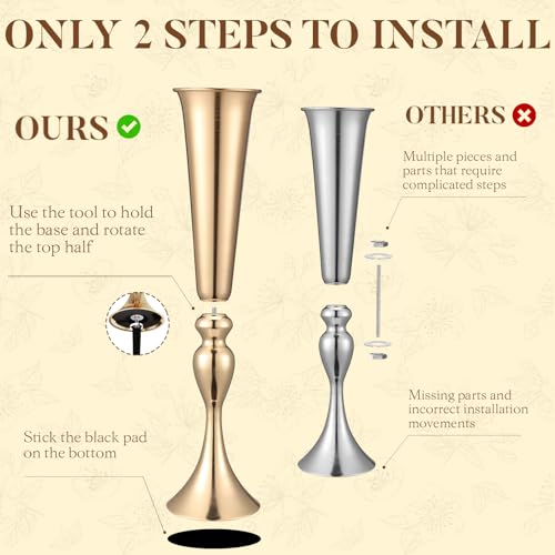Image of 12 Pcs Tall Gold Trumpet Vases for Centerpieces & Wedding Tables - 21.65 inch Tall Gold Flower Vase Set with Weighted Base, Metal Trumpet Centerpieces for Tables (Bases para Centros de Mesa)