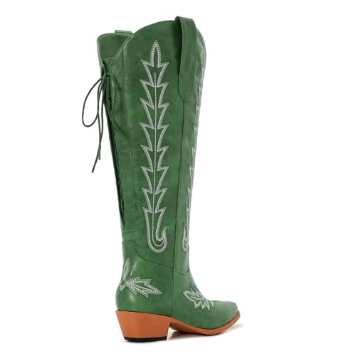 Image of Uillnoodu Wide Calf Cowboy Boots Women Knee High Tall Western Cowgirl Boots Adjustable Lace Up Plus Size Comfortable 2-Inch Heel
