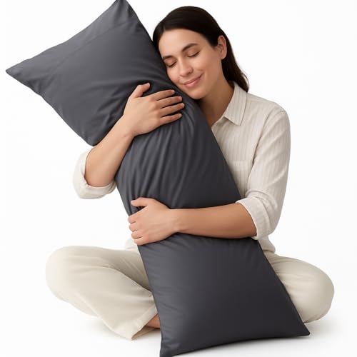 Image of 100% Cotton 600 TC Body Pillow Cover - Ultra Soft & Breathable Long Pillowcase | Zipper Closure | 20 inchx54 inch | Grey | Ideal for Pregnancy, Side Sleepers & Full Body Support