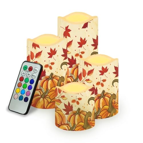 Image of Fall Maple Leaf Pumpkin Flickering Flameless Candles with Remote LED Pillar Candles Battery Operated with Timer Color Changing Electric Candles for Thanksgiving Day Home Kitchen Decor