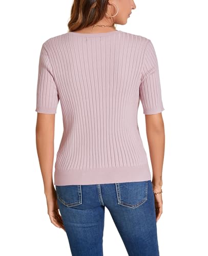 Image of Women Summer Knit Shirt Blouse V Neck Short Sleeve Pullover Sweater Tops