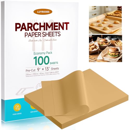 LUYROOES Parchment Paper Sheets 9x13 Inch Unbleached, Precut, Non-Stick, No Curling Baking Paper for Quarter Sheet Pan Liners, Cooking, Roasting, Air Fryer, Oven, Microwave, Grilling (100Sheets)