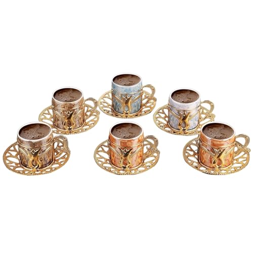 LaModaHome Espresso Coffee Cups with Saucers Set of 6, Porcelain Turkish Arabic Greek Coffee Cups and Saucers, Coffee Cup For Women, Men, Adults, New Home Wedding Gifts - Mixed Color/Gold