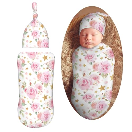 Image of Pink Floral and Gold Stars Swaddle Blanket with Beanie Hat Set Newborn Swaddle Wrap Soft Baby Receiving Blankets Baby Swaddle Blanket for Baby Boys and Girls
