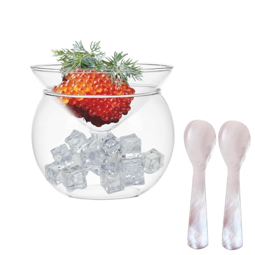 Caviar Server Set, Glass Caviar Chiller Server Set with 2 Pcs Shell Caviar Spoons Drinks Holder Chiller Shrimp Cocktail Liquor Martinis Cocktails Dish for Caviar, Cocktail Chiller (Large)