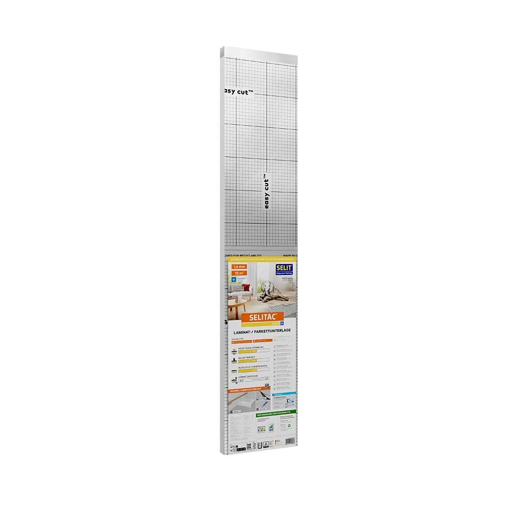 SELITAC basic+ – 1,6 mm AquaStop Verlegeunterlage für Laminat & Parkett – Trittschalldämmung mit Feuchteschutz, Dämmunterlage zur Schallreduzierung, 12 m²