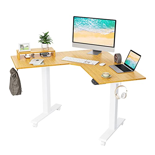 FEZIBO Bureau Assis Debout Électrique en Forme L - 110*110 cm Bureau d'Angle Debout Réglable en Hauteur 2 Moteurs avec Système Anti-Collision, Panneau Contrôle à Fonctions Mémoires, Boîte Câble Bamboo Cover