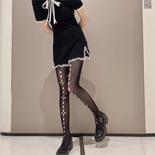 Image of SOLILOQUY Women's Lolita Pattern Tights Kawaii Velvet Bowtie Fishnet Stockings Leggings Mesh Pantyhose Hollow Out lace Socks