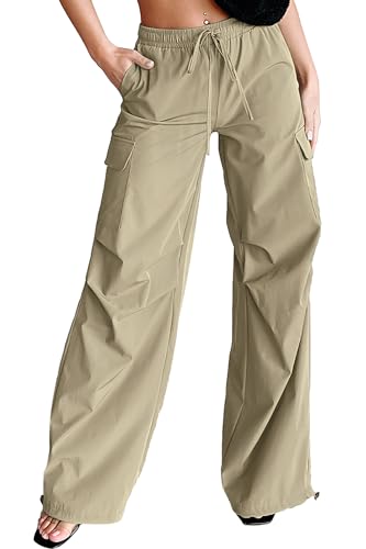 Women's Fashion Parachute Pants Y2K Baggy High Waisted Wide Leg Drawstring Cargo Pants with Pockets 2024