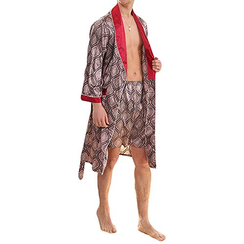YIMANIE Men's Silk Satin Robe Luxurious Spa Long Sleeve House Kimono Nightwear Bathrobe,Red,M
