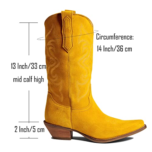 Image of LEHOOR Cowboy Boots Women Embroidered Mid Calf Western Boots Stacked Low Heel Pointed Toe Pull On Cowgirl Boot 4-11 M US