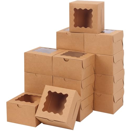 Moretoes 50pcs Cookie Boxes with Window 4x4x2.5 Inches Brown Bakery Boxes Pastry Container for Small Cookies Treats and Desserts