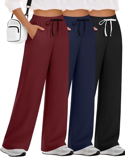 Neer 3 Pack Women's Wide Leg Yoga Sweatpants Drawstring Straight Leg Lounge Pants Baggy Loose Workout Open Bottom Pants